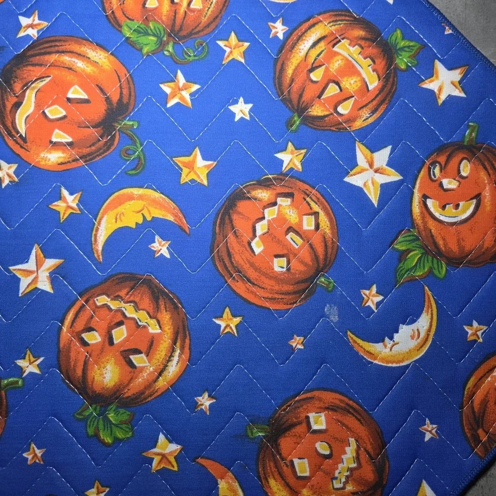 Set of 4 Vintage Halloween Jack-O'-Lantern Quilted Fabric Placemats Pumpkin Moon